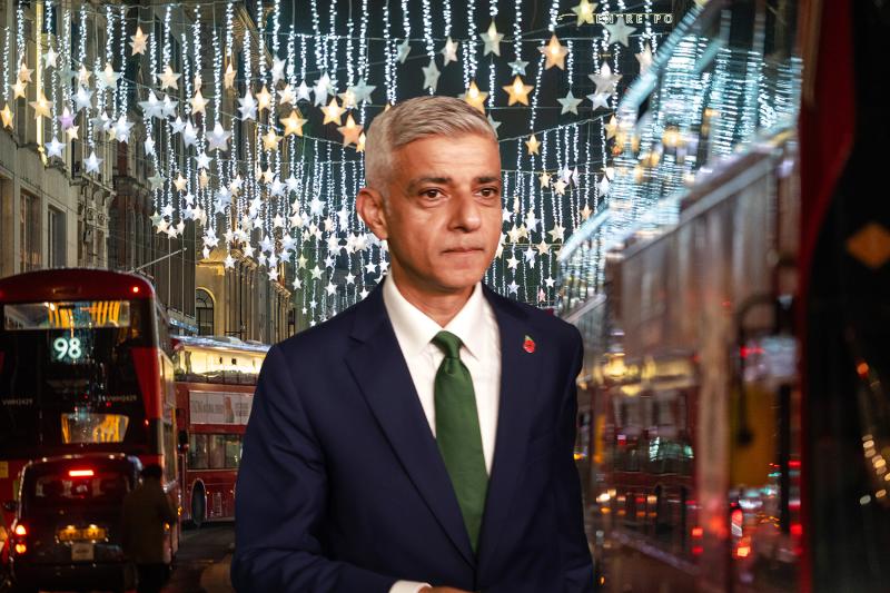 Photomontage of Sadiq Khan in front of the Christmas lights on Oxford Street