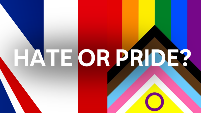 Close up detail of GB News logo next to Pride Progress flag, with text 'Hate or Pride?' overlaying it